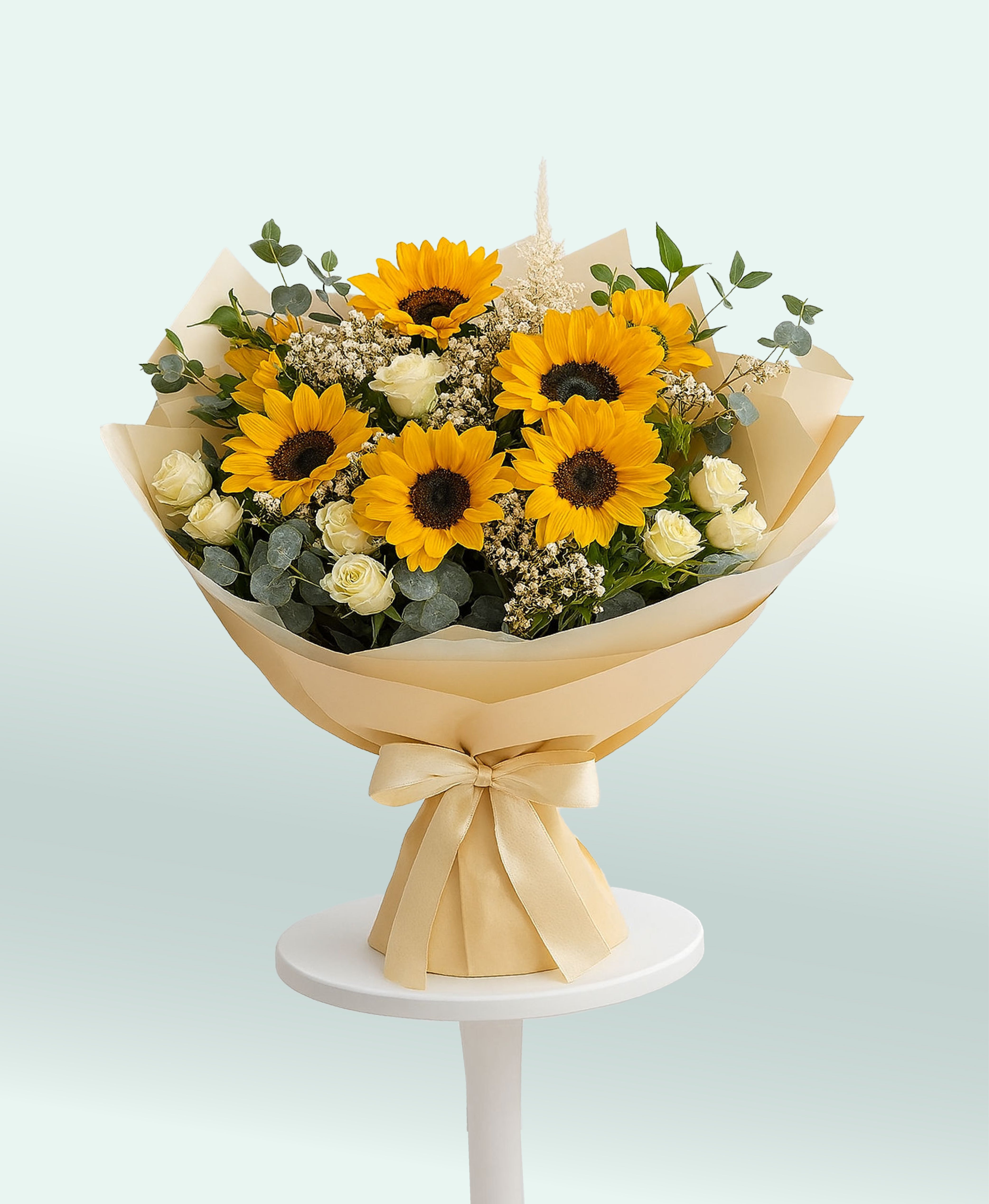 Golden Embrace – Sunflowers with White Spray Roses, Gypsophila & Eucalyptus
